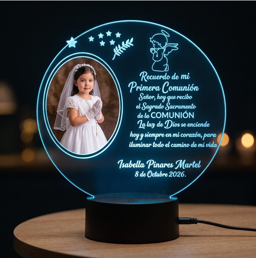 Lámpara LED redonda de Primera Comunión con foto y oración