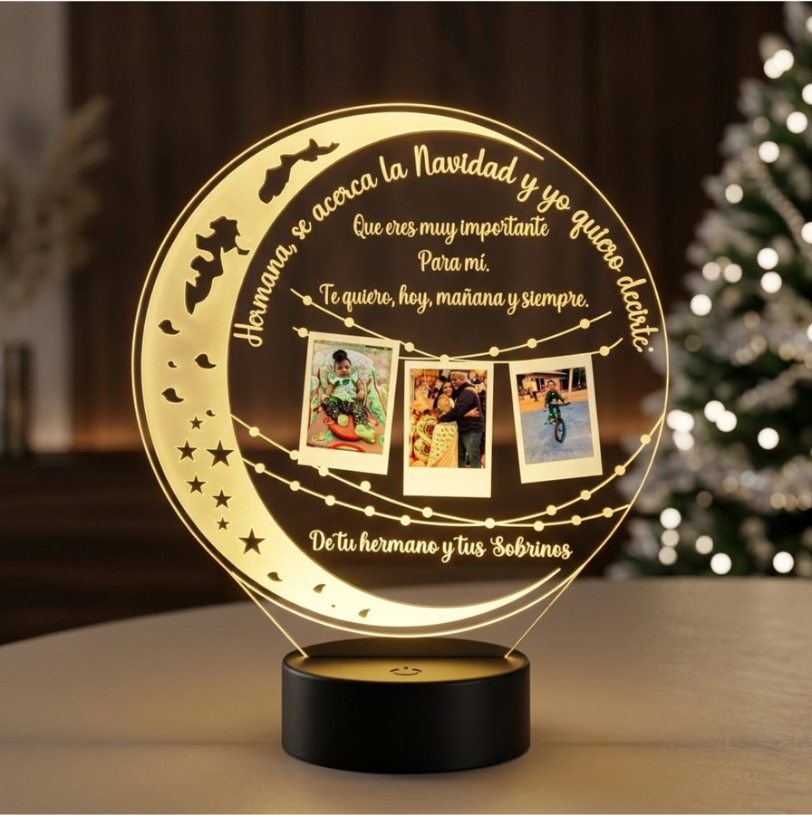 Lámpara LED en forma de luna con tres fotos colgantes y mensaje de Navidad