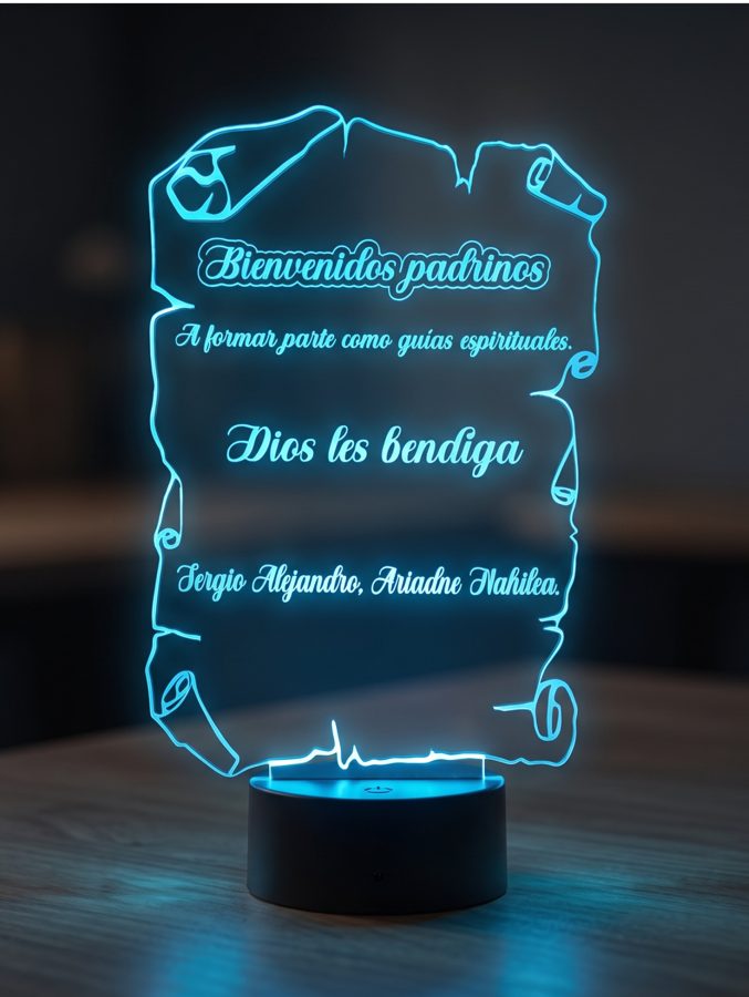 Lámpara LED en forma de pergamino con mensaje de bienvenida para padrinos