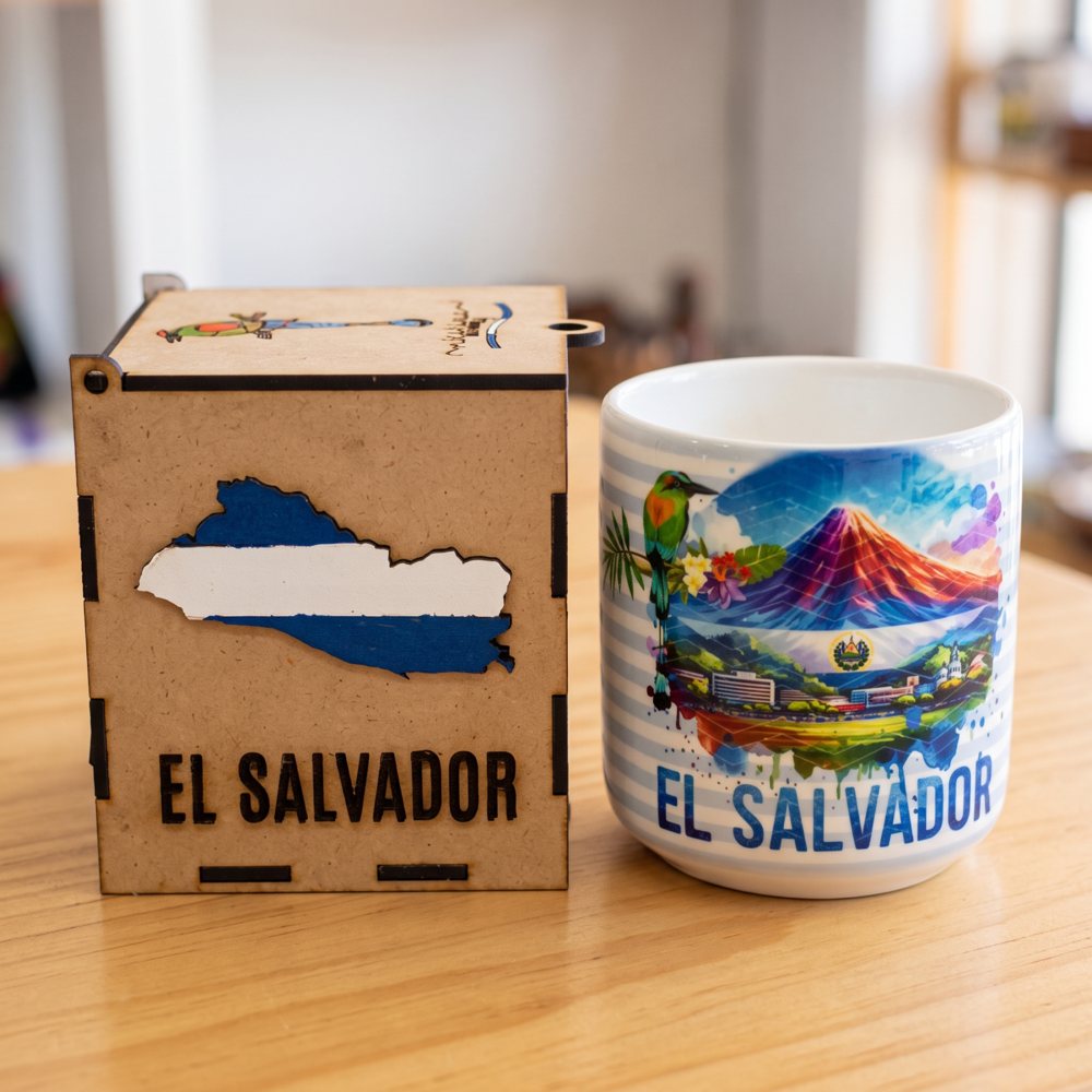 Caja de MDF con mapa de El Salvador cortada en láser y taza sublimada con paisaje salvadoreño