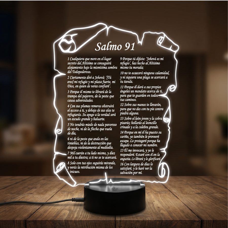 Lámpara LED en forma de pergamino con el Salmo 91 grabado
